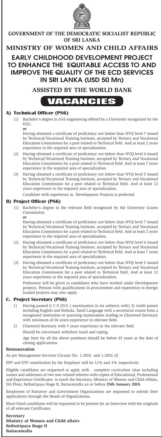 Technical Officer, Project Officer, Project Secretary - Ministry of Women & Child Affairs